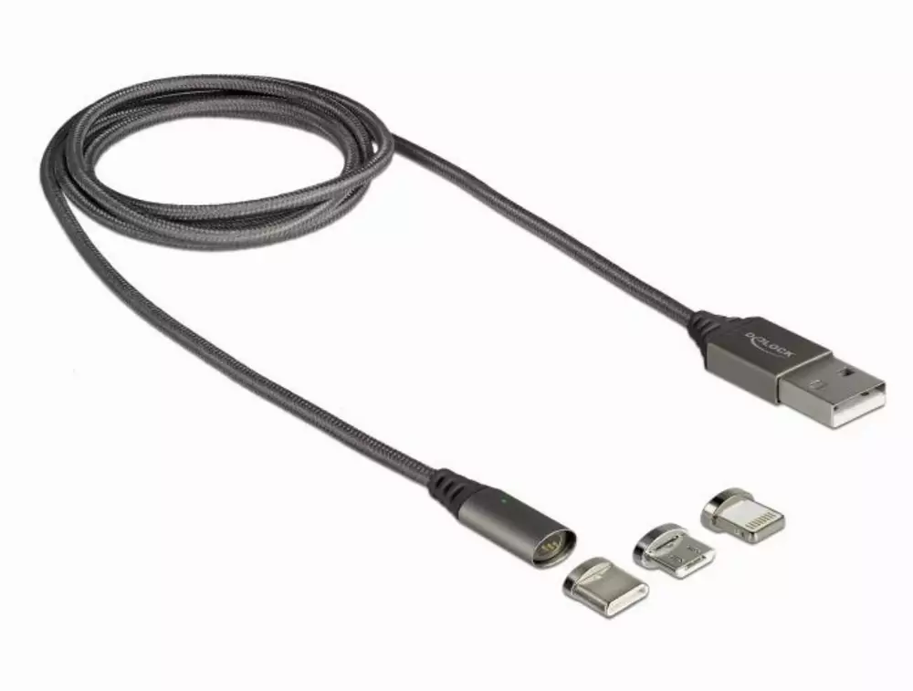 Кабел за зареждане Delock 3 в 1, USB-A мъжко - 8 Pin / Micro USB / USB Type-C, 1м, Черен