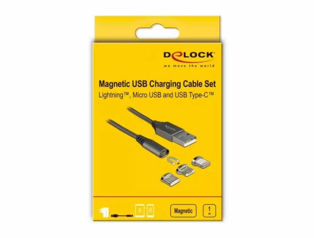 Кабел за зареждане Delock  3 в 1, USB-A мъжко - 8 Pin / Micro USB / USB Type-C, 1м, Черен