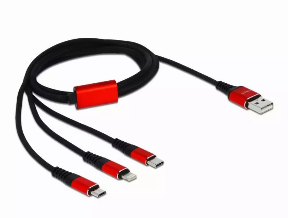 Ladekabel Delock  3 in 1, USB - Lightning/ Micro USB/ USB-C, 1m, Schwarz/Rot