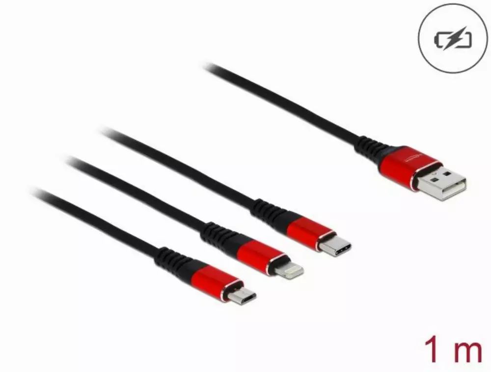 Кабел за зареждане Delock 3 в 1, USB - Lightning/ Micro USB/ USB-C, 1м, Черен/Червен