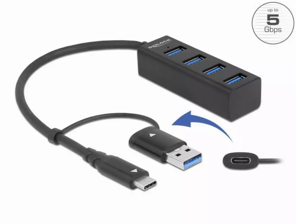 USB хъб Delock 63828, 3.2 Gen 1, 4 x USB-A, USB-C, USB-A конектор, Черен