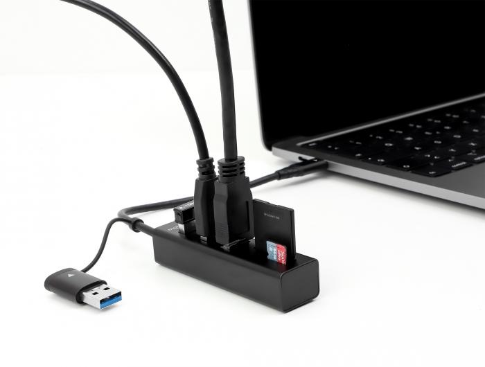 USB хъб Delock 63859, 3.2 Gen 1, 3 x USB-A, SD и MicroSD четец на карти, USB-C, USB-A конектор, Черен