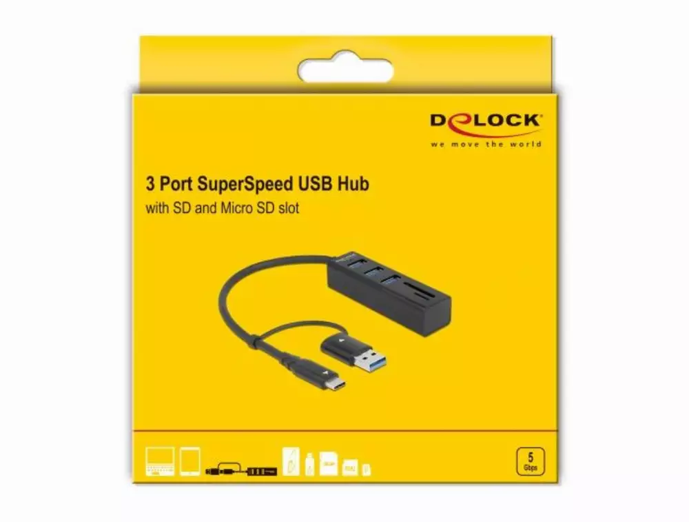 USB хъб Delock 63859, 3.2 Gen 1, 3 x USB-A, SD и MicroSD четец на карти, USB-C, USB-A конектор, Черен