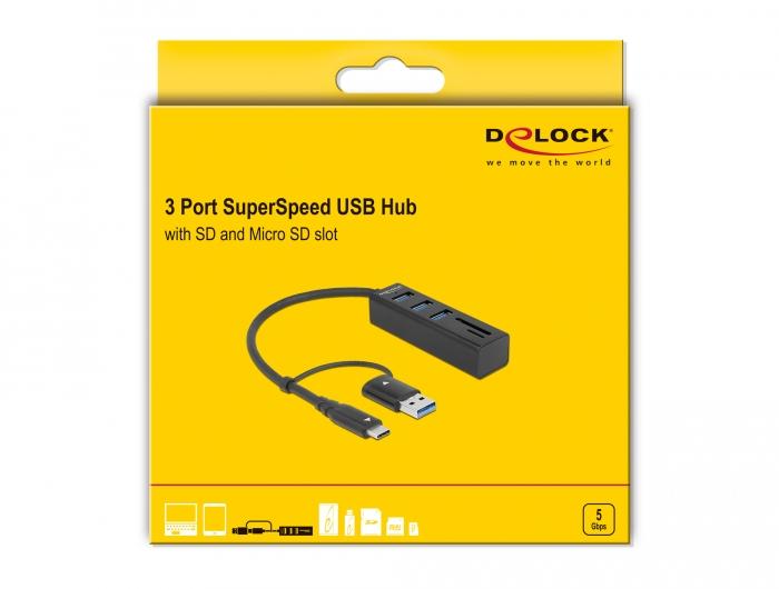 USB хъб Delock 63859, 3.2 Gen 1, 3 x USB-A, SD и MicroSD четец на карти, USB-C, USB-A конектор, Черен