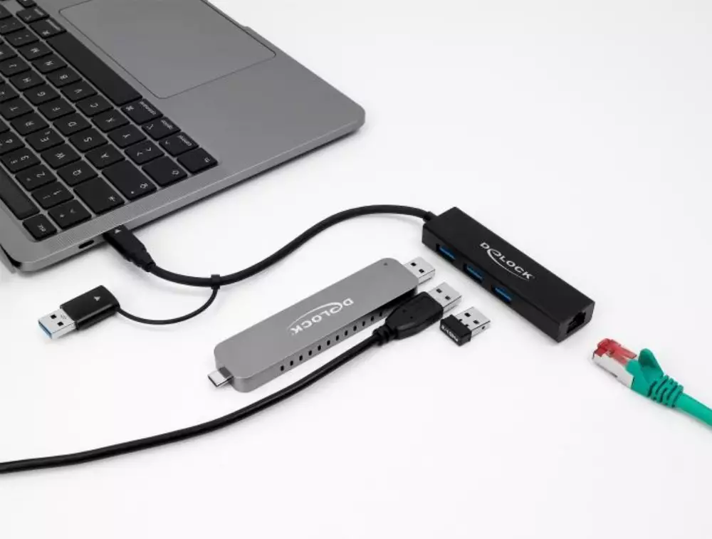 USB хъб Delock 64149, 3.2 Gen 1, 3 x USB-A, Gigabit LAN, USB-C, USB-A конектор, Черен