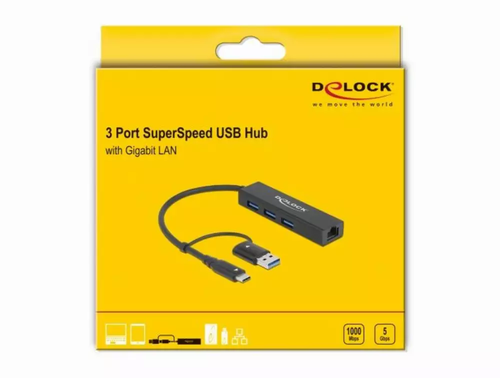 USB хъб Delock 64149, 3.2 Gen 1, 3 x USB-A, Gigabit LAN, USB-C, USB-A конектор, Черен