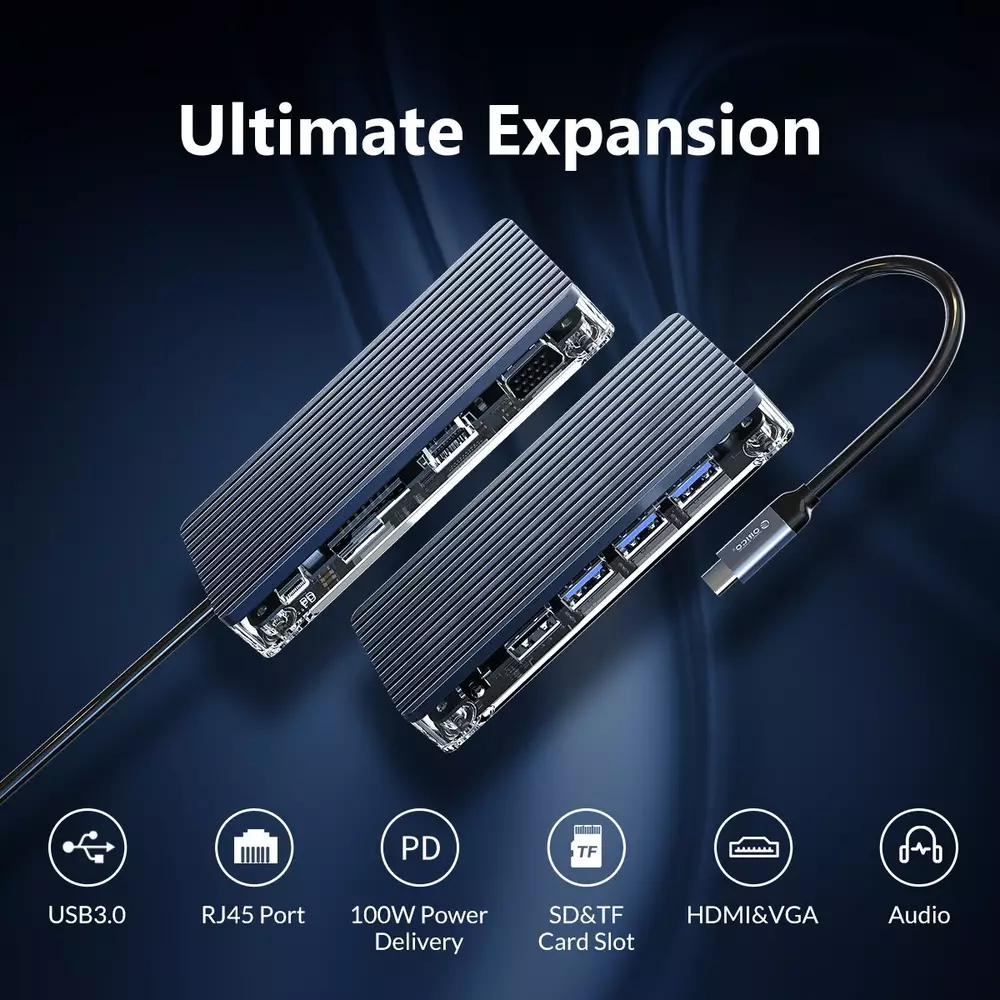 Σταθμός docking Orico Type-C Docking Station Power Distribution 3.0 100W - HDMI, Type-C x 1, USB3.0 x 3, LAN, SD - WB-8P-GY
