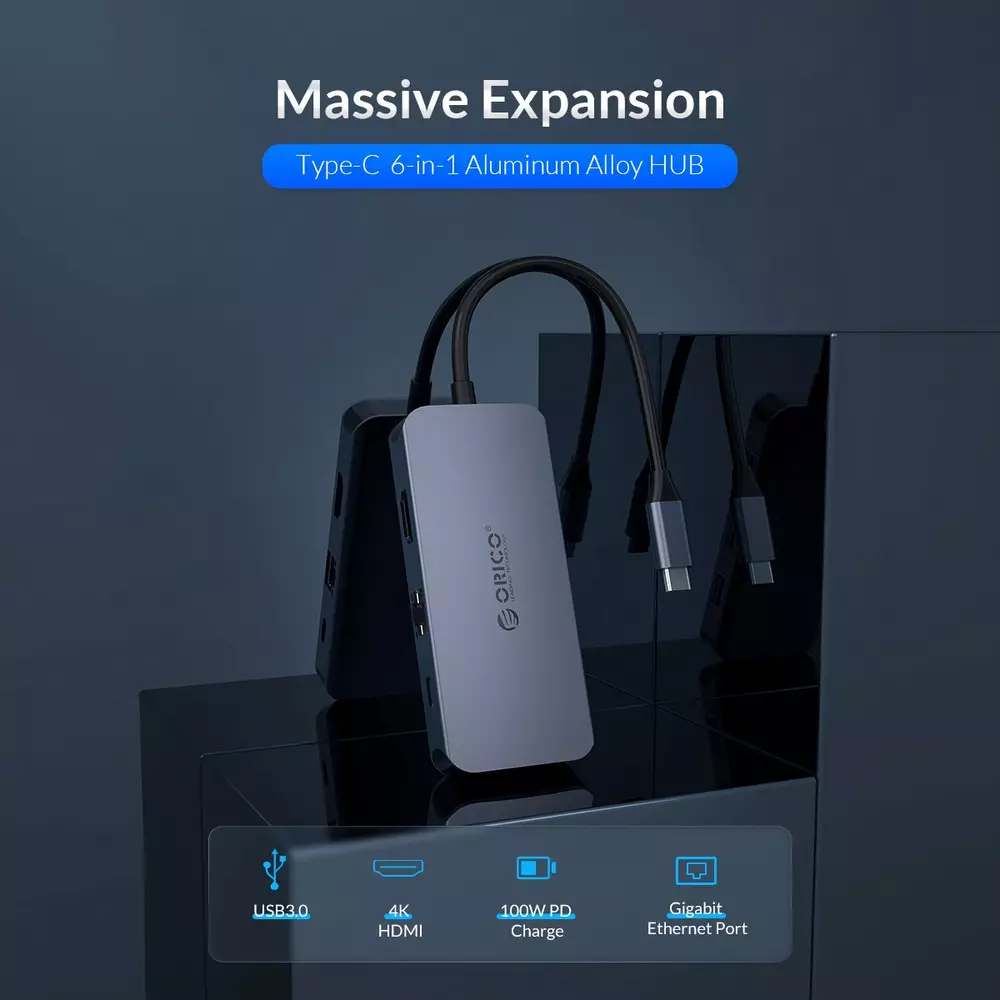 Stație de docking Orico Docking Station Type-C Power Distribution 3.0 100W - LAN, HDMI, Type-C x 1, USB3.0 x 3 - MC-U602P