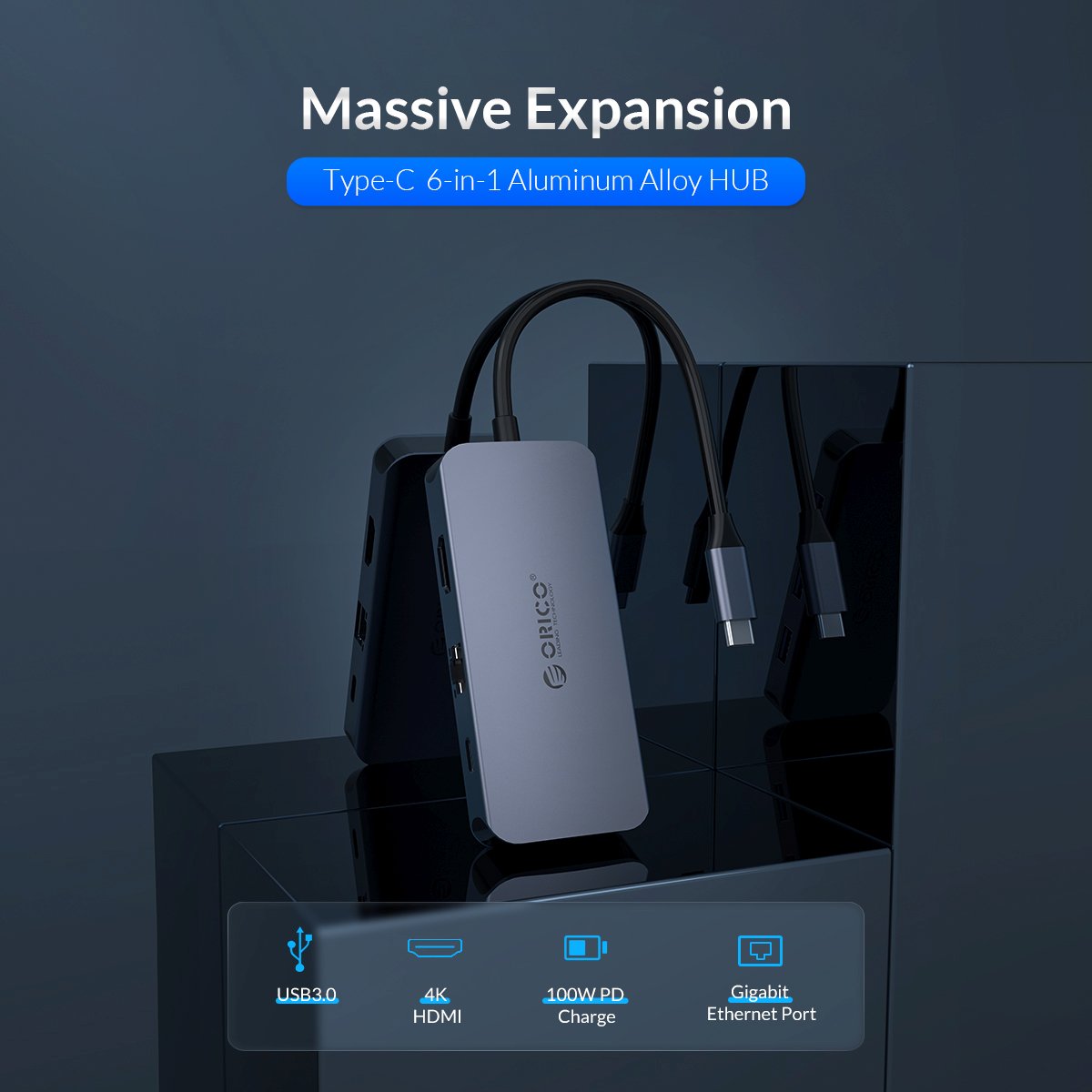 Stație de docking Orico Docking Station Type-C Power Distribution 3.0 100W - LAN, HDMI, Type-C x 1, USB3.0 x 3 -  MC-U602P