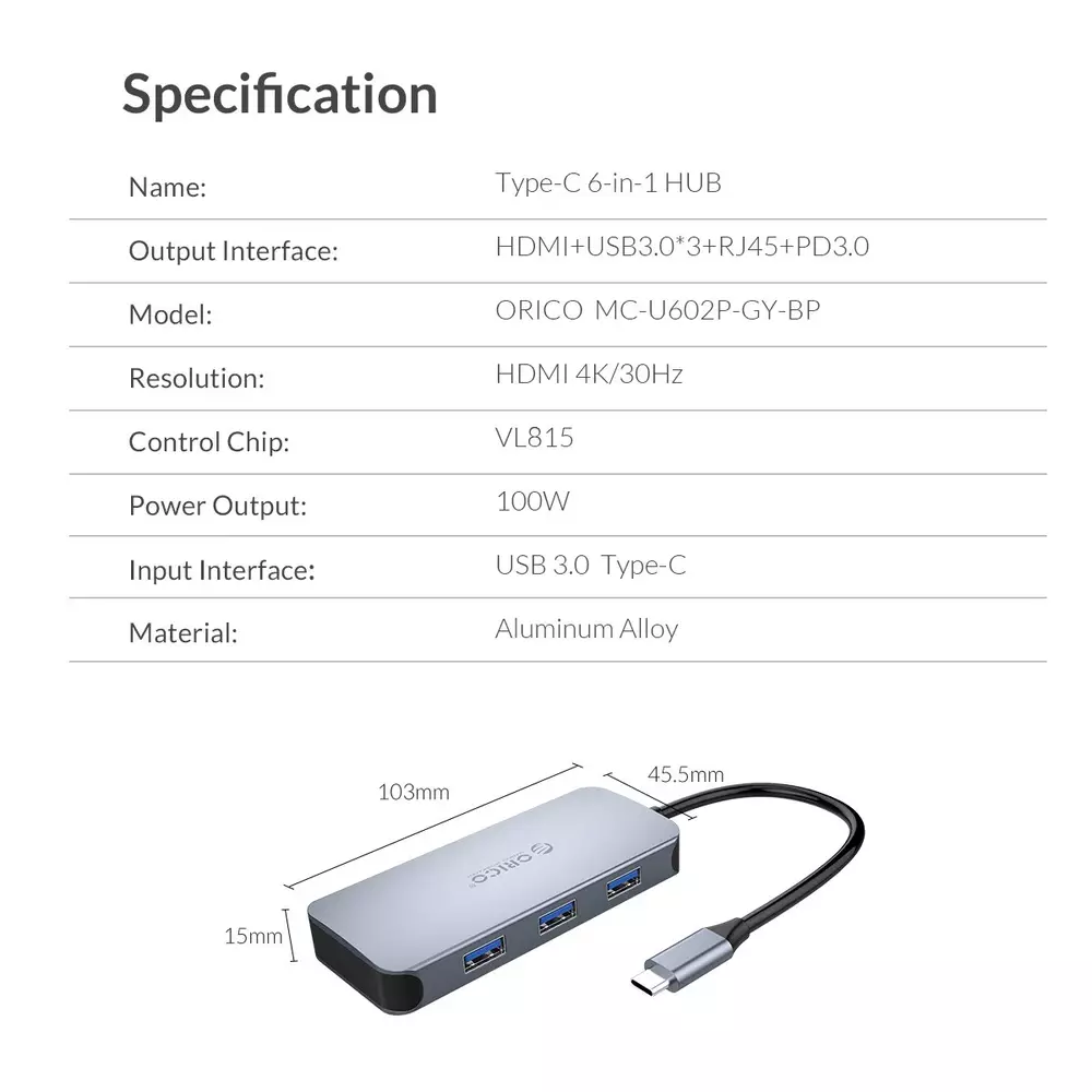 Stație de docking Orico Docking Station Type-C Power Distribution 3.0 100W - LAN, HDMI, Type-C x 1, USB3.0 x 3 - MC-U602P
