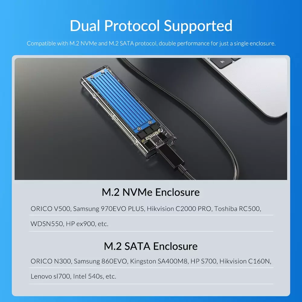 Външна кутия за диск Orico TCM2M-C3 Storage Case M.2 NVMe/SATA M/B key USB3.1 Type-C Gen.2 10Gbps Blue