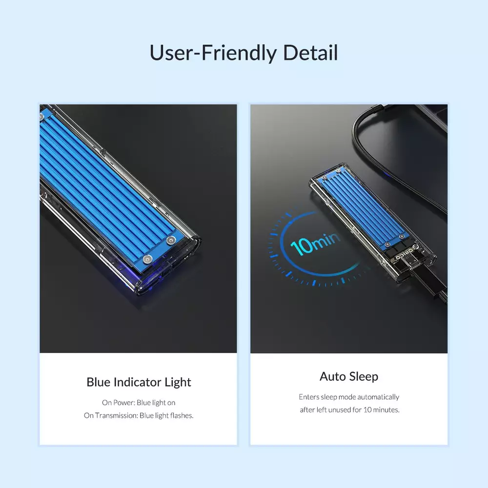 Външна кутия за диск Orico TCM2M-C3 Storage Case M.2 NVMe/SATA M/B key USB3.1 Type-C Gen.2 10Gbps Blue