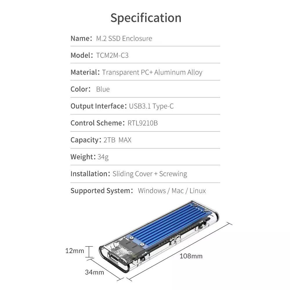 Външна кутия за диск Orico TCM2M-C3 Storage Case M.2 NVMe/SATA M/B key USB3.1 Type-C Gen.2 10Gbps Blue