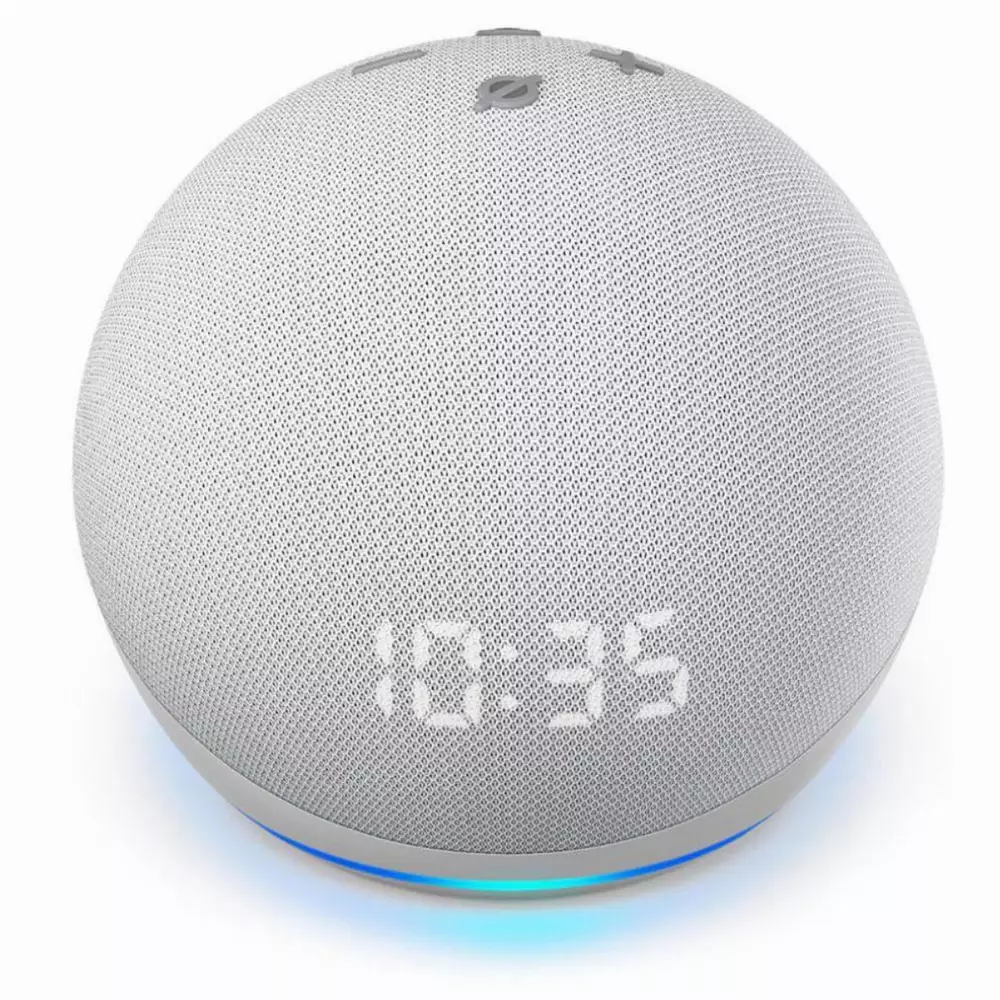 Преносима смарт тонколона Amazon Echo Dot 4 с часовник, гласов асистент, Бял