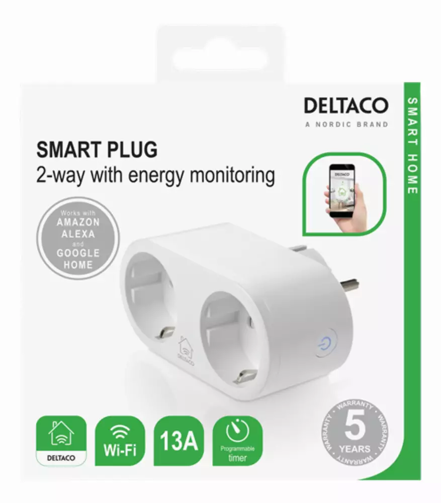 Смарт контакт DELTACO SH-P02E, Google Assistant, Alexa, 13А, WiFi 2.4Ghz, 1xCEE 7/3, Бял