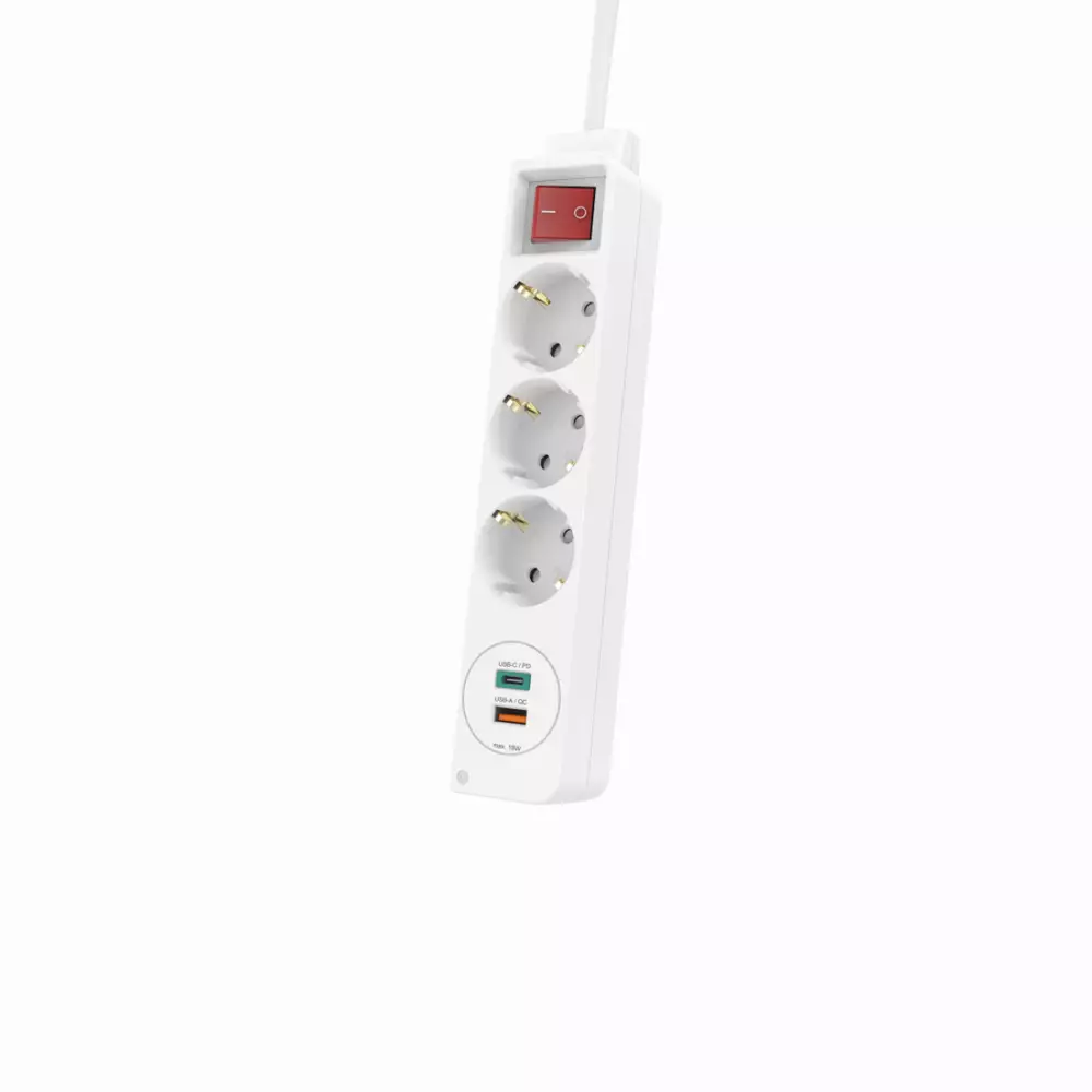 Разклонител  HAMA Power Strip, 3 гнезда, 1.4м, Бутон вкл/изкл, PD/Quick Charge, USB-C/USB-A, Бял