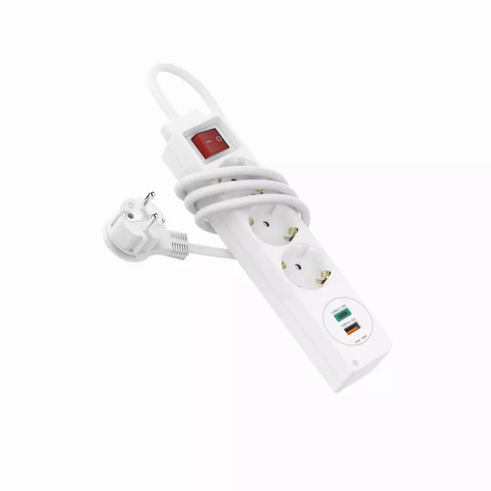 Разклонител  HAMA Power Strip, 3 гнезда, 1.4м, Бутон вкл/изкл, PD/Quick Charge, USB-C/USB-A, Бял