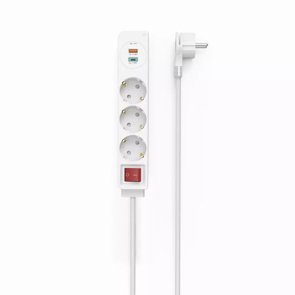 Разклонител  HAMA Power Strip, 3 гнезда, 1.4м, Бутон вкл/изкл, PD/Quick Charge, USB-C/USB-A, Бял