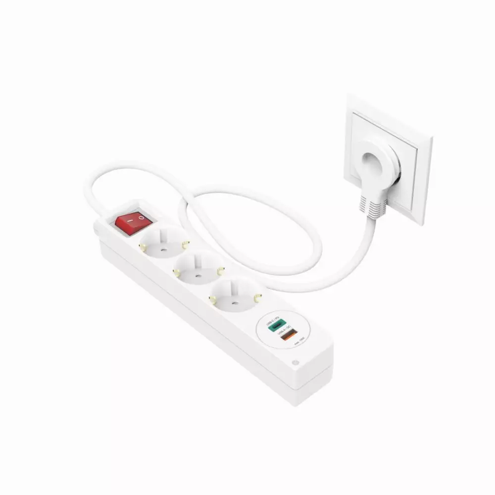 Разклонител  HAMA Power Strip, 3 гнезда, 1.4м, Бутон вкл/изкл, PD/Quick Charge, USB-C/USB-A, Бял