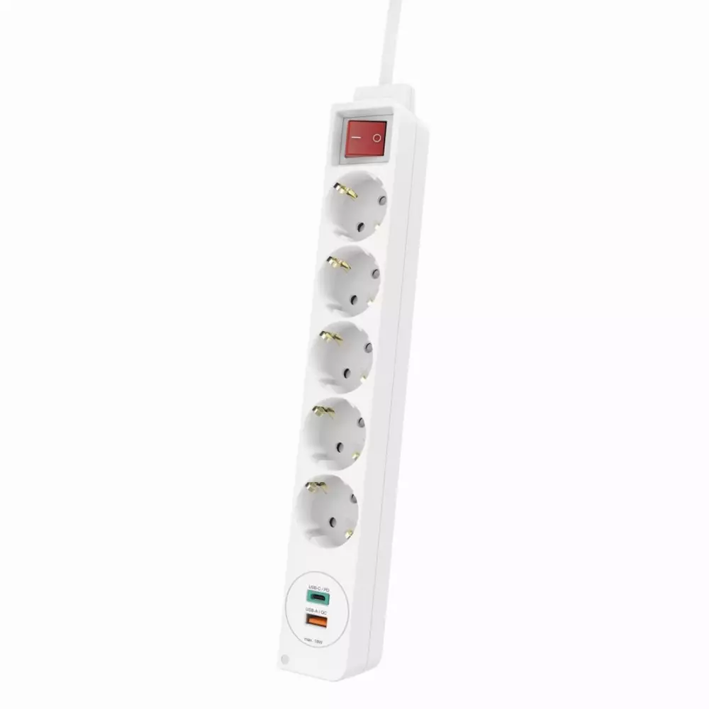 Разклонител  HAMA Power Strip, 5 гнезда, 1.4м, Бутон вкл/изкл, PD/Quick Charge, USB-C/USB-A, Бял