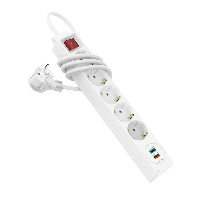 Разклонител  HAMA Power Strip, 5 гнезда, 1.4м, Бутон вкл/изкл, PD/Quick Charge, USB-C/USB-A, Бял