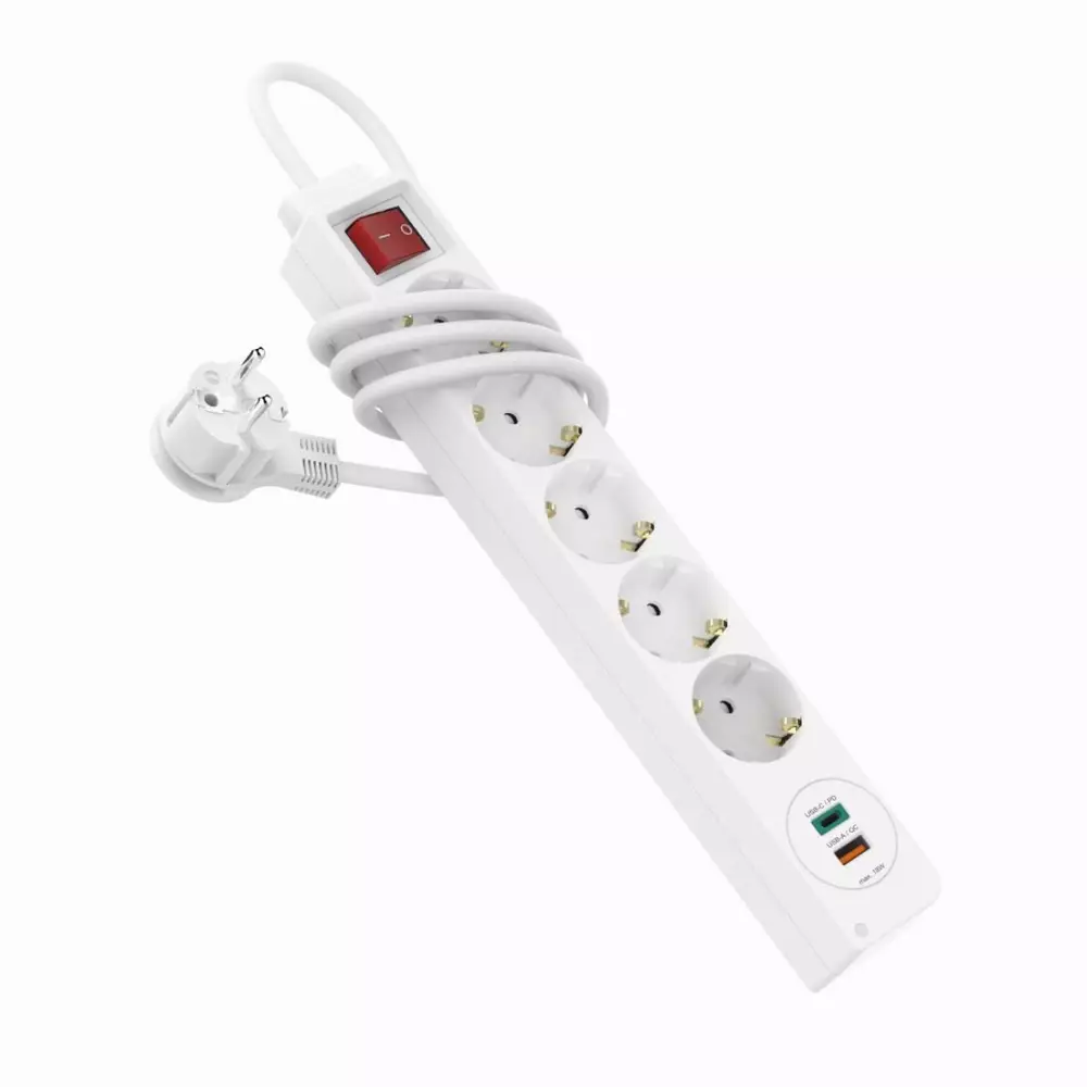 Разклонител  HAMA Power Strip, 5 гнезда, 1.4м, Бутон вкл/изкл, PD/Quick Charge, USB-C/USB-A, Бял