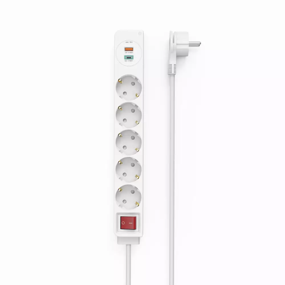 Разклонител  HAMA Power Strip, 5 гнезда, 1.4м, Бутон вкл/изкл, PD/Quick Charge, USB-C/USB-A, Бял