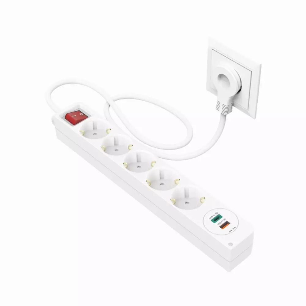 Разклонител  HAMA Power Strip, 5 гнезда, 1.4м, Бутон вкл/изкл, PD/Quick Charge, USB-C/USB-A, Бял