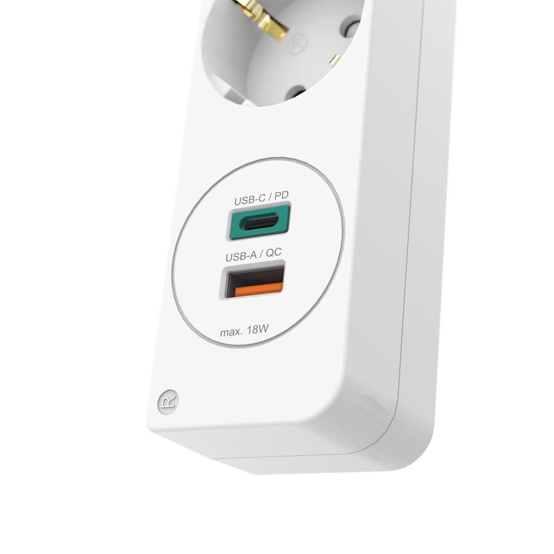 Разклонител  HAMA Power Strip, 5 гнезда, 1.4м, Бутон вкл/изкл, PD/Quick Charge, USB-C/USB-A, Бял