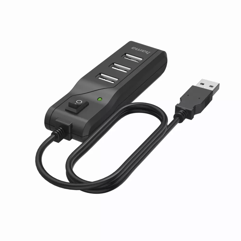 USB хъб HAMA, С бутон вкл./изкл., USB 2.0, 1:4, 480 Mbit/s, черен