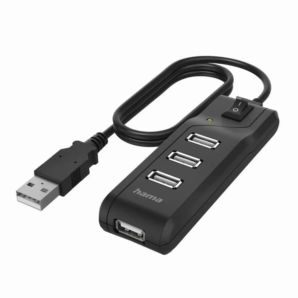 USB хъб HAMA, С бутон вкл./изкл., USB 2.0, 1:4, 480 Mbit/s, черен