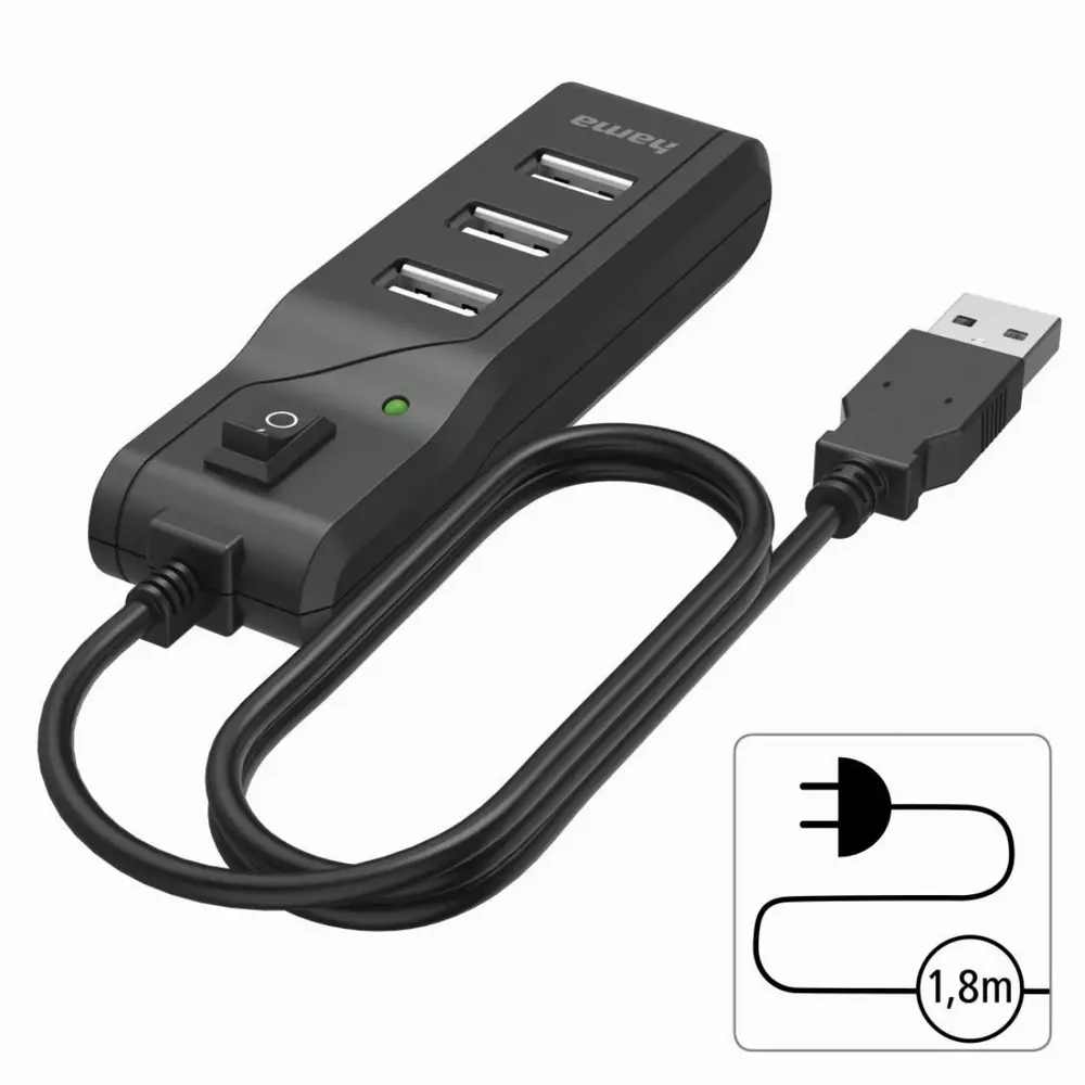 USB хъб HAMA, С бутон вкл./изкл., USB 2.0, 1:4, 480 Mbit/s, черен