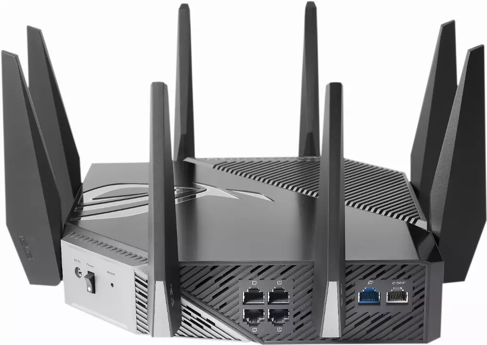 Геймърски Безжичен Рутер ASUS ROG Rapture GT-AXE11000, Tri-band WiFi 6E (802.11ax), MU-MIMO, IPv6, OFDMA, AiMesh, AiProtection Pro, 4804Mbps(11000Mbps Boost)
