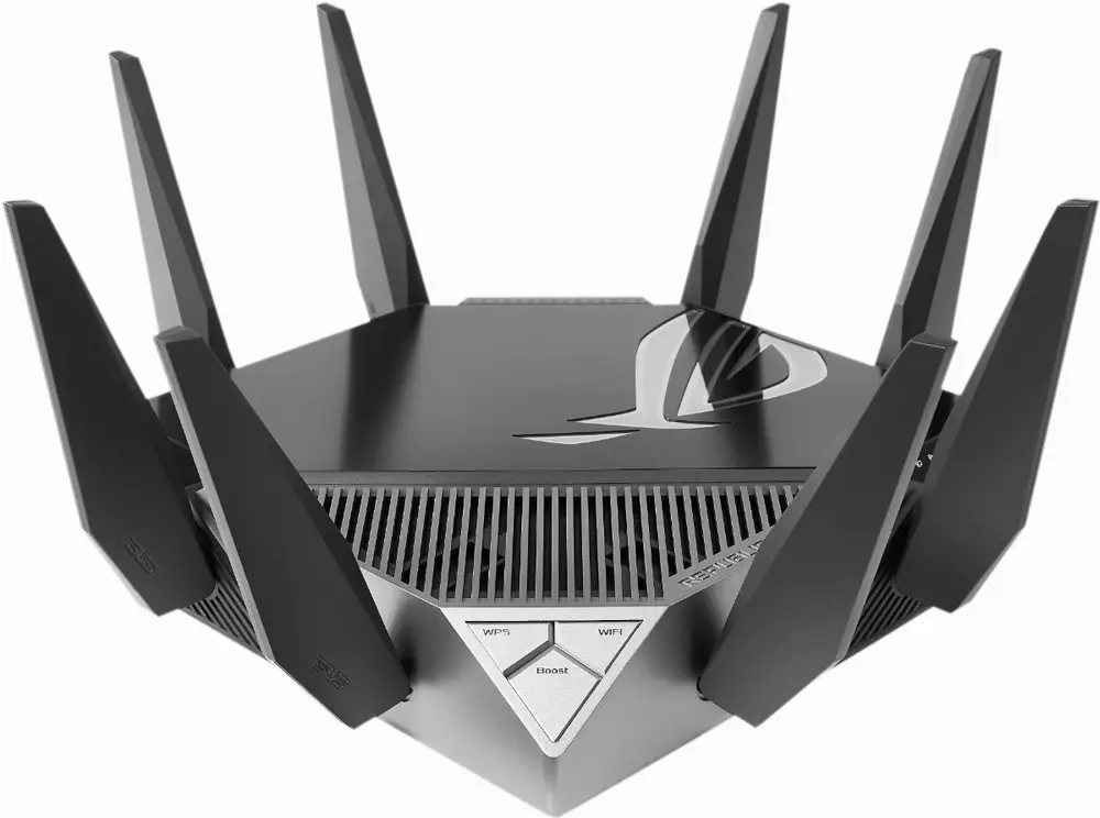 Геймърски Безжичен Рутер ASUS ROG Rapture GT-AXE11000, Tri-band WiFi 6E (802.11ax), MU-MIMO, IPv6, OFDMA, AiMesh, AiProtection Pro, 4804Mbps(11000Mbps Boost)