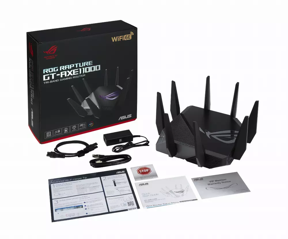 Геймърски Безжичен Рутер ASUS ROG Rapture GT-AXE11000, Tri-band WiFi 6E (802.11ax), MU-MIMO, IPv6, OFDMA, AiMesh, AiProtection Pro, 4804Mbps(11000Mbps Boost)