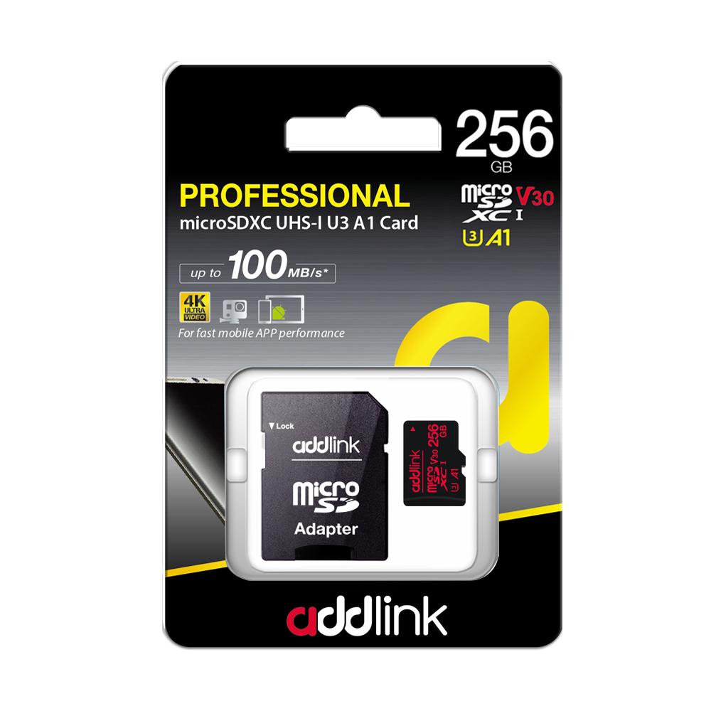 Карта памет Addlink microSDXC 256GB Professional Class 10+ UHS-1 V30 U3 Adapter - ad256GBMSXU3A