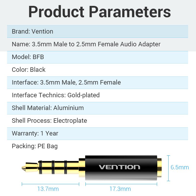 Vention adaptateur Adaptateur Audio 3.5mm M / 2.5mm F Noir Métal - BFBB0