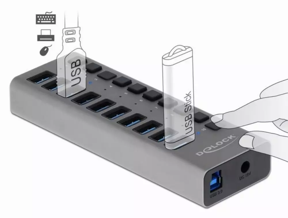 USB хъб Delock 10 x USB-A, 1 x USB-B, 5 Gbps, Превключвател, LED индикатор, Сив