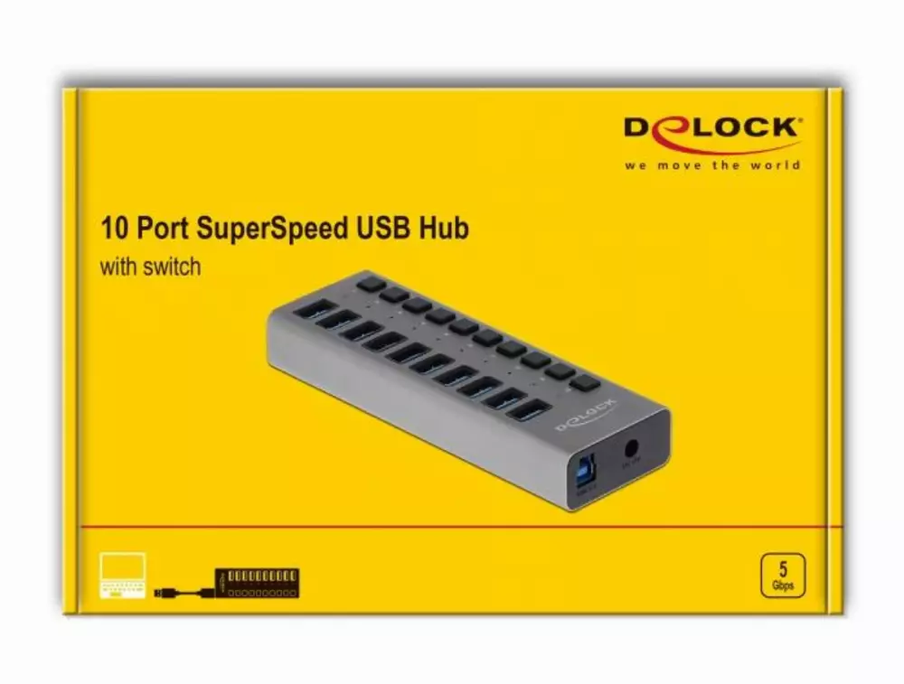 USB хъб Delock 10 x USB-A, 1 x USB-B, 5 Gbps, Превключвател, LED индикатор, Сив