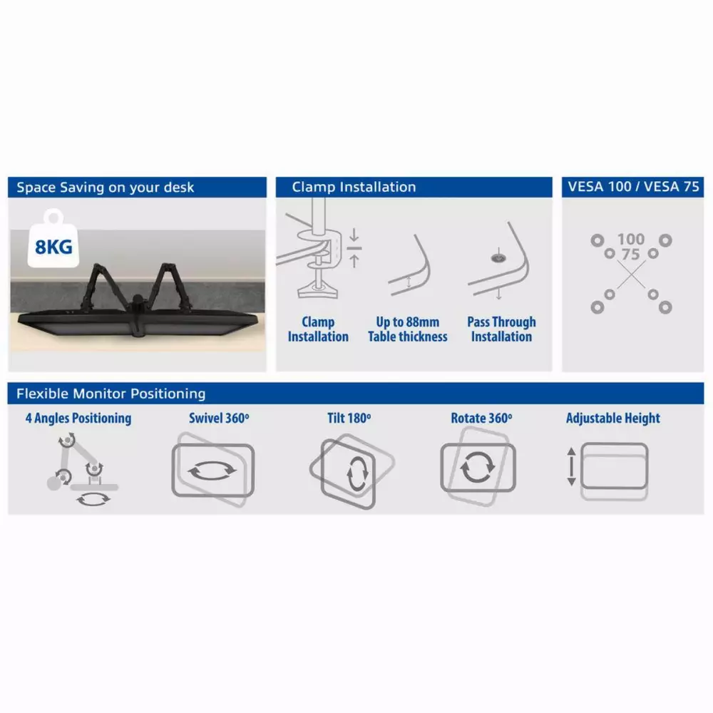 Support pour 2 moniteurs ACT AC8302, pour bureau, Réglable, 32", 2x8 kg, Noir