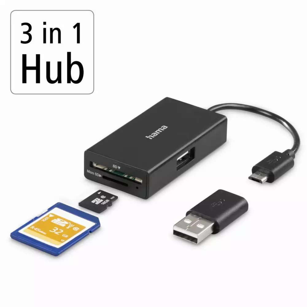 Четец за карти HAMA USB OTG Hub, USB 2.0 Type-A, SD, microSD, USB-A адаптер