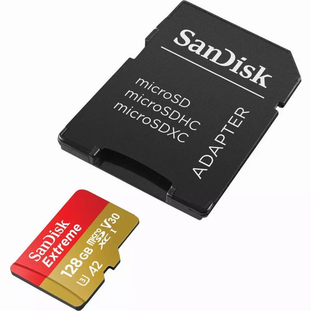 Карта памет SANDISK Extreme microSDXC, 128GB, 160MB/s, Class 10, A2, V30 UHS-I, U3, 4K, SD Адаптер