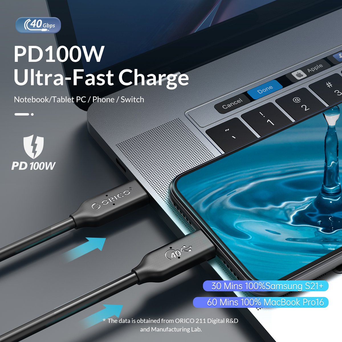 Orico кабел Cable USB4.0 40Gbps M/M 0.3m Black PD100W - U4C03-BK