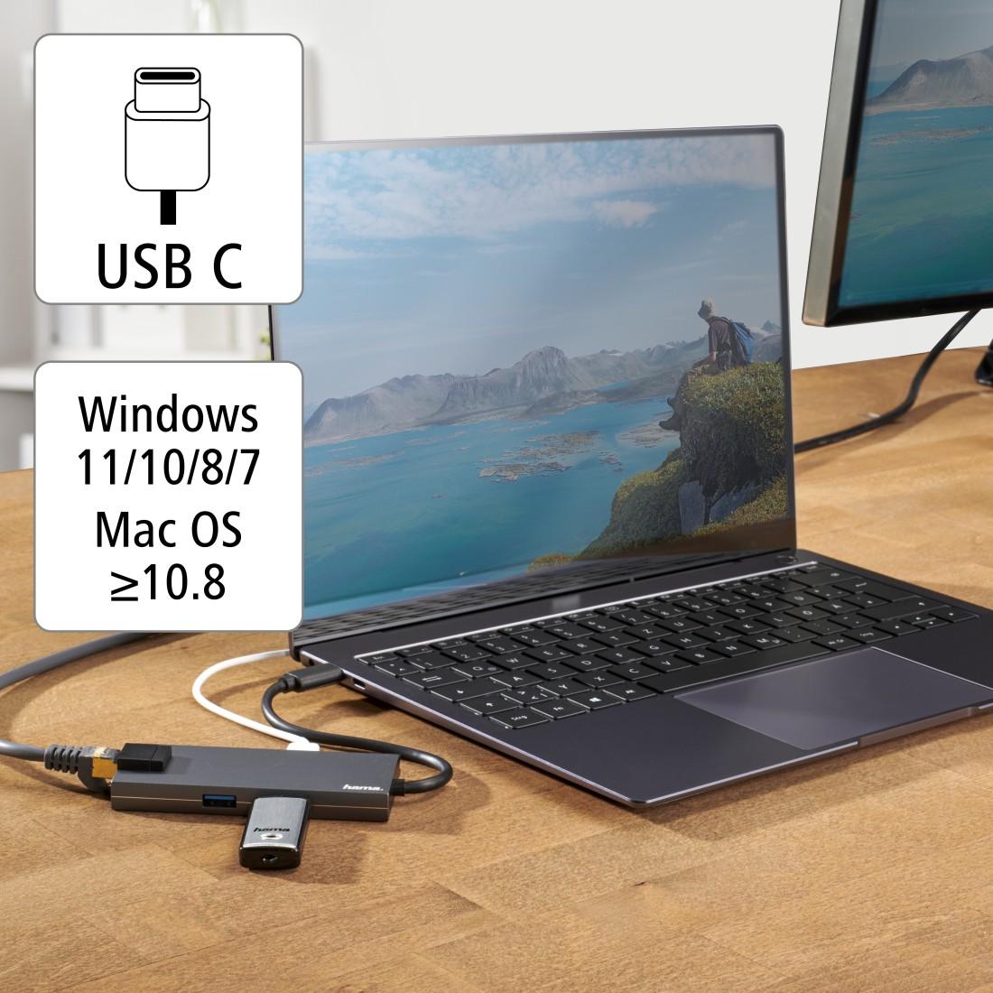 USB хъб HAMA Multiport 5-портов USB-C, 2 x USB-A, 1 x USB-C, 1 x HDMI, 1х LAN, Сив