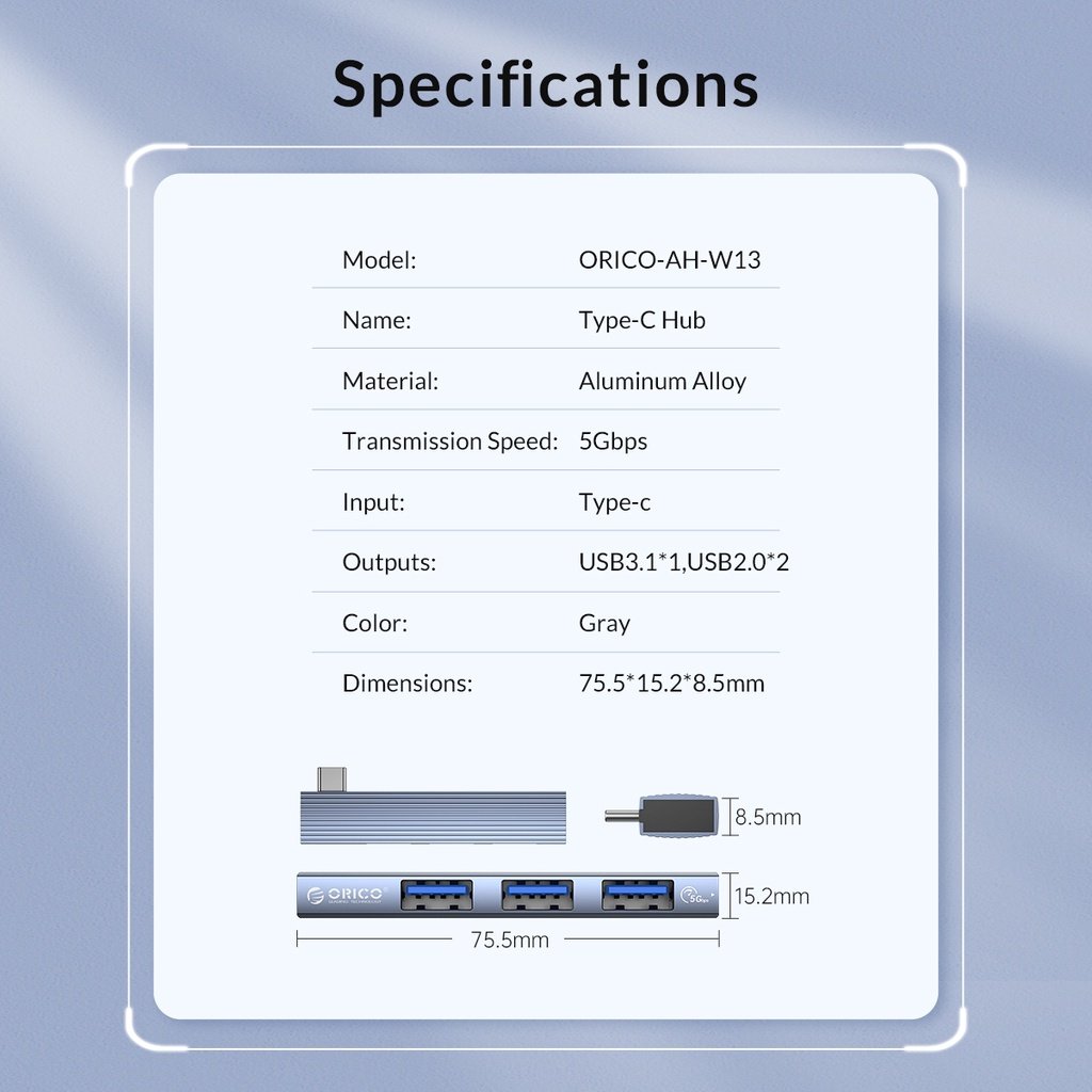 USB-Hub Orico HUB 3 port USB3.0/2.0 TYPE-C Aluminium - AH-W13-GY