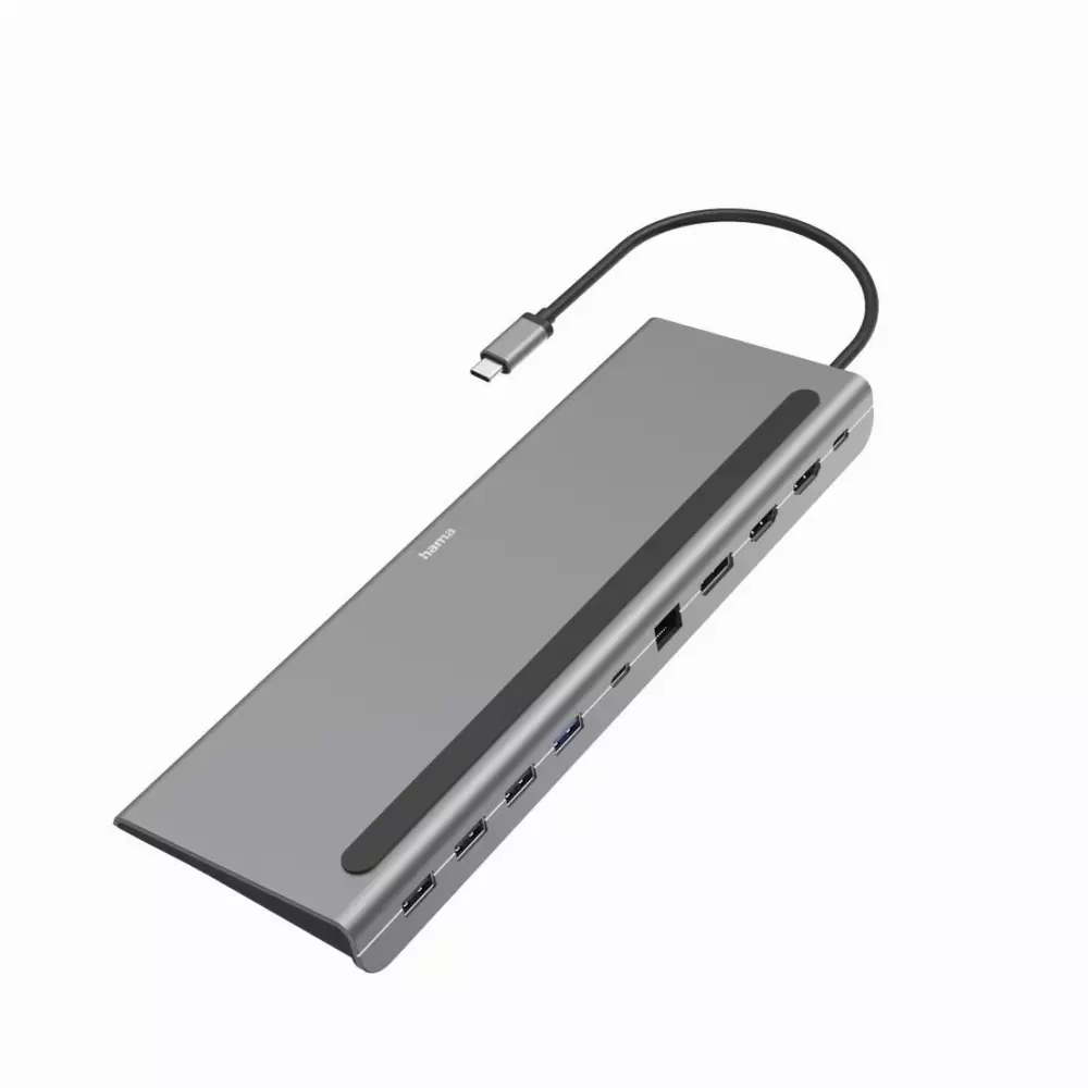 Докинг станция 10 в 1 HAMA Connect2Office Pro, USB-A, USB-C (PD), HDMI, DisplayPort, LAN/Ethernet, Сив