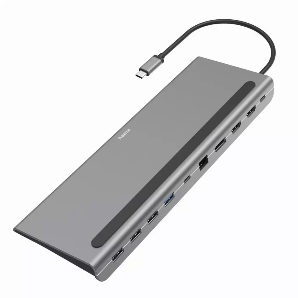 Докинг станция 10 в 1 HAMA Connect2Office Pro, USB-A, USB-C (PD), HDMI, DisplayPort, LAN/Ethernet, Сив