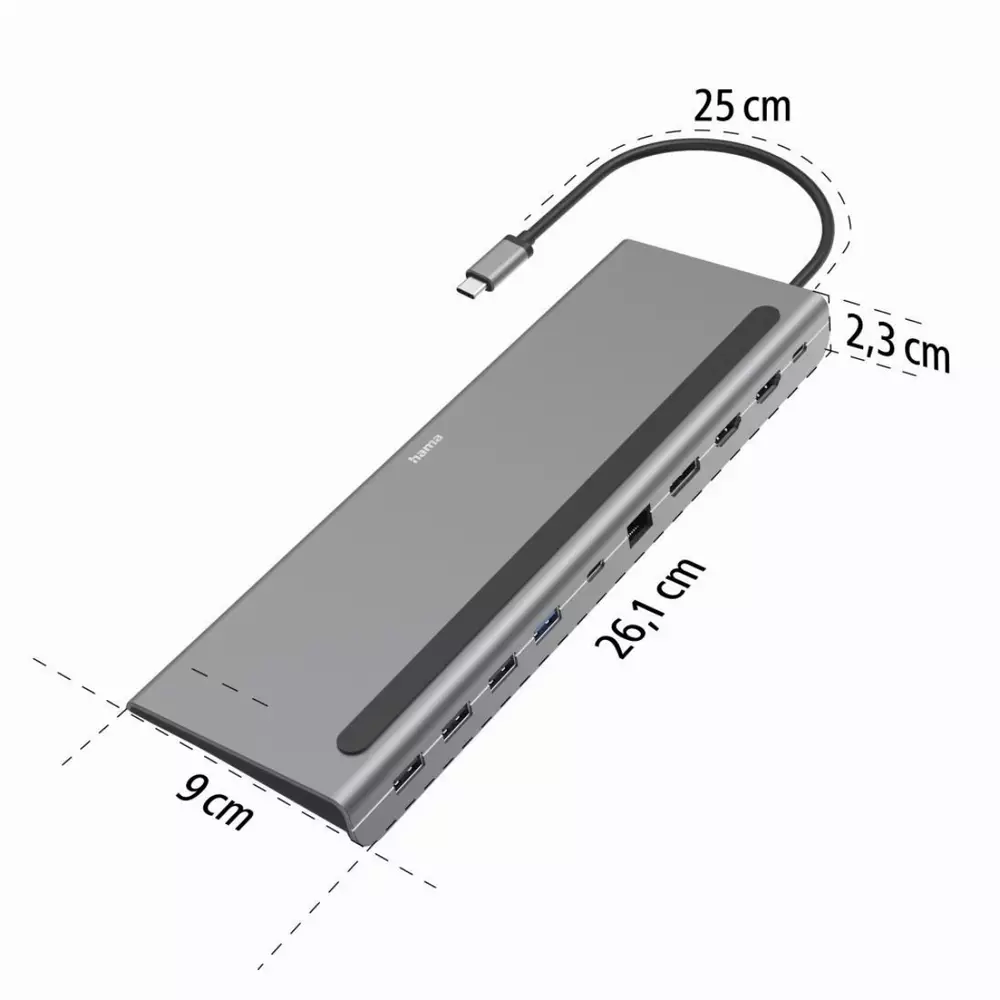 Докинг станция 10 в 1 HAMA Connect2Office Pro, USB-A, USB-C (PD), HDMI, DisplayPort, LAN/Ethernet, Сив