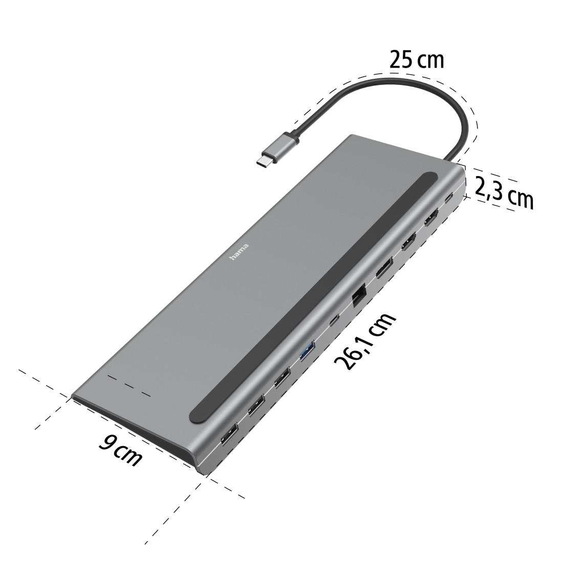 Докинг станция 10 в 1 HAMA Connect2Office Pro, USB-A, USB-C (PD), HDMI, DisplayPort, LAN/Ethernet, Сив