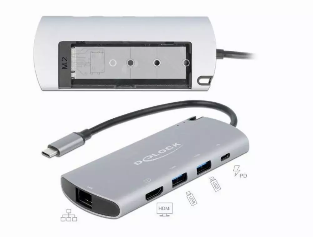 Докинг станция Delock USB-C с M.2 слот за SSD - HDMI 4K30Hz, Gigabit LAN, 2xUSB-A, USB-C, Сив